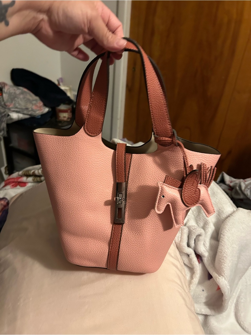 Pink Pebbled Leather Tote with Horse Charm